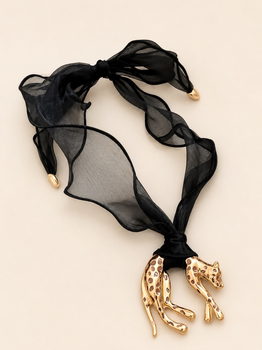 Panthere Gold Leopard Black Ribbon Choker Necklace